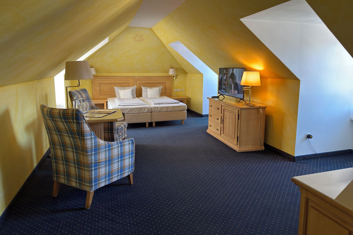 A hotel room with a bed, a desk, a chair, a TV, and a dresser.