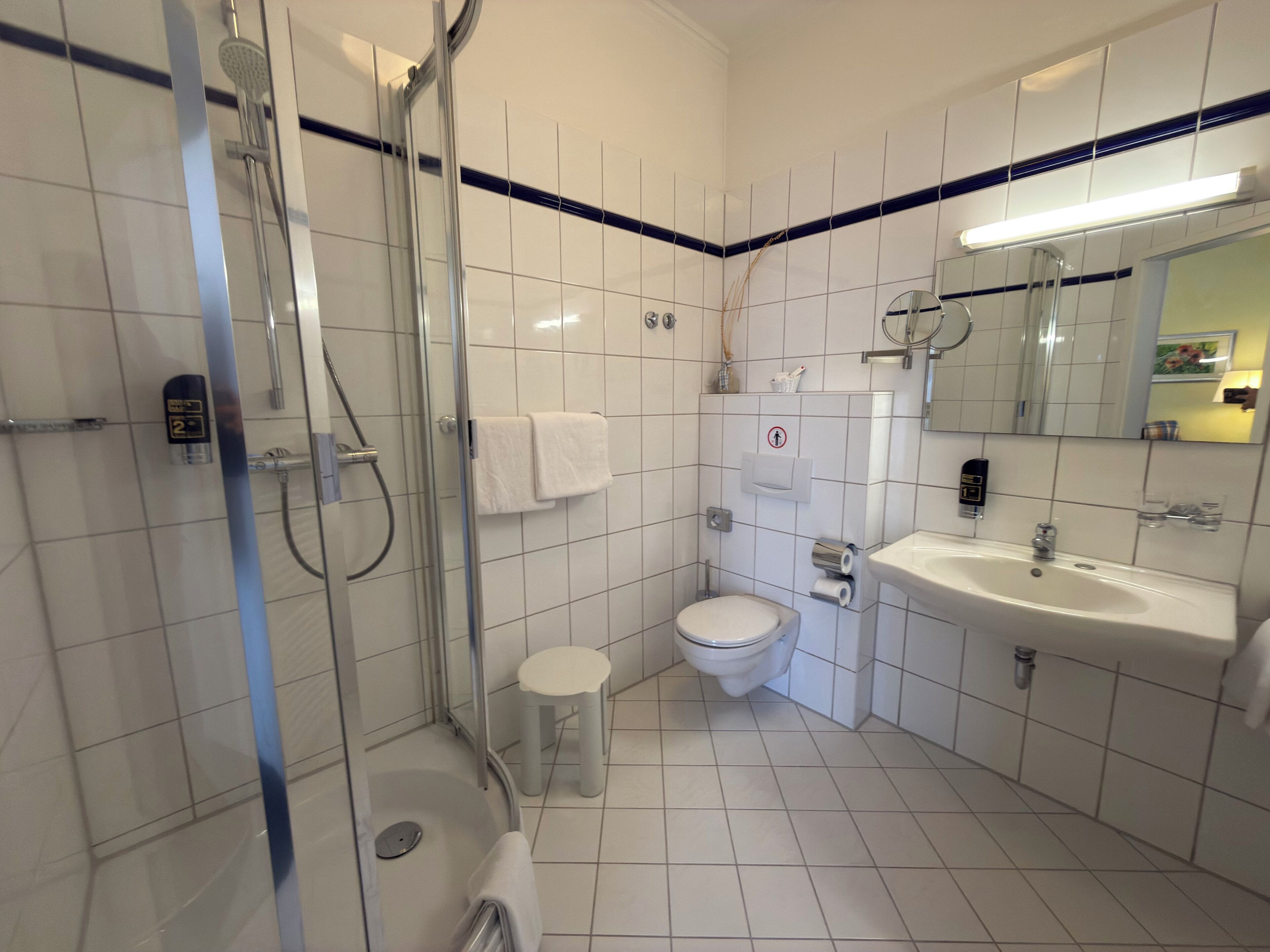 Een badkamer met een glazen douchecabine, toilet, wastafel en spiegel.