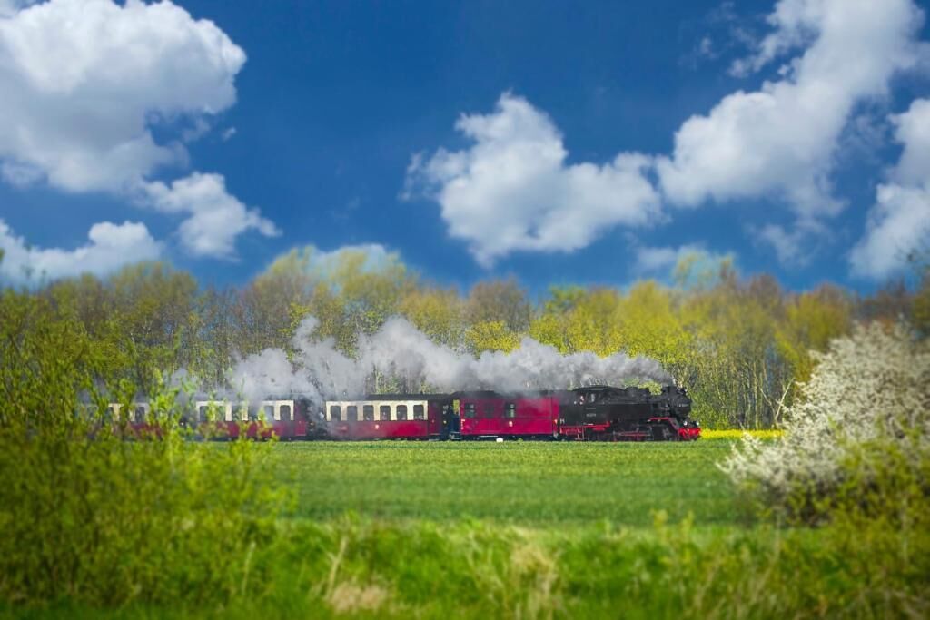 Una locomotora de vapor con vagones de pasajeros, viajando por un paisaje verde con árboles y un cielo azul despejado.