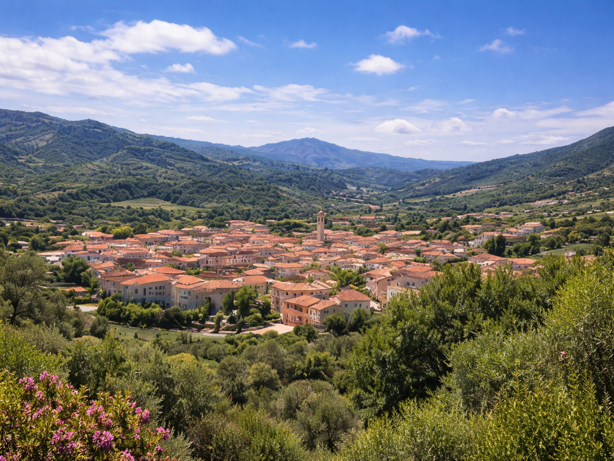 A town with red-roofed buildings, surrounded by green hills and mountains.