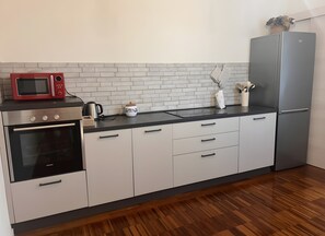 Frigorífico, microondas, horno y placa de cocina