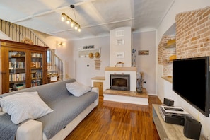 A living room with a sofa, fireplace, bookshelf, and TV.