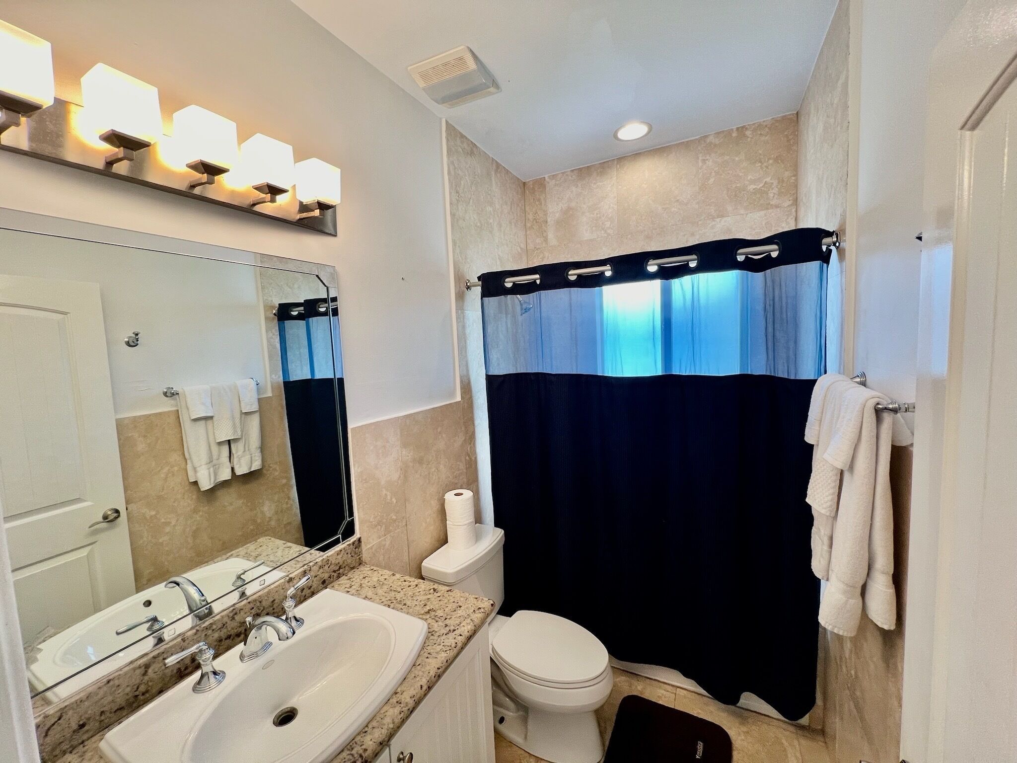 Hair dryer, bidet, towels, soap