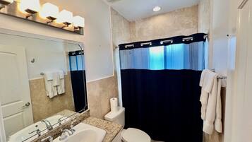 Hair dryer, bidet, towels, soap