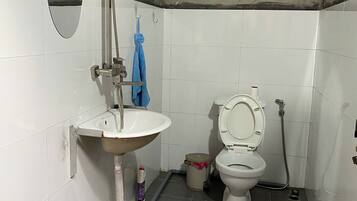 Hair dryer, bidet, towels, soap