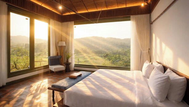 Un dormitorio con una cama grande, una silla, una mesa y vistas de un paisaje a través de amplios ventanales.