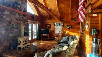 TV connectée, cheminée, livres, chaßne hi-fi