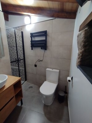 Secadora de cabello, toallas, jabón, papel de baño 