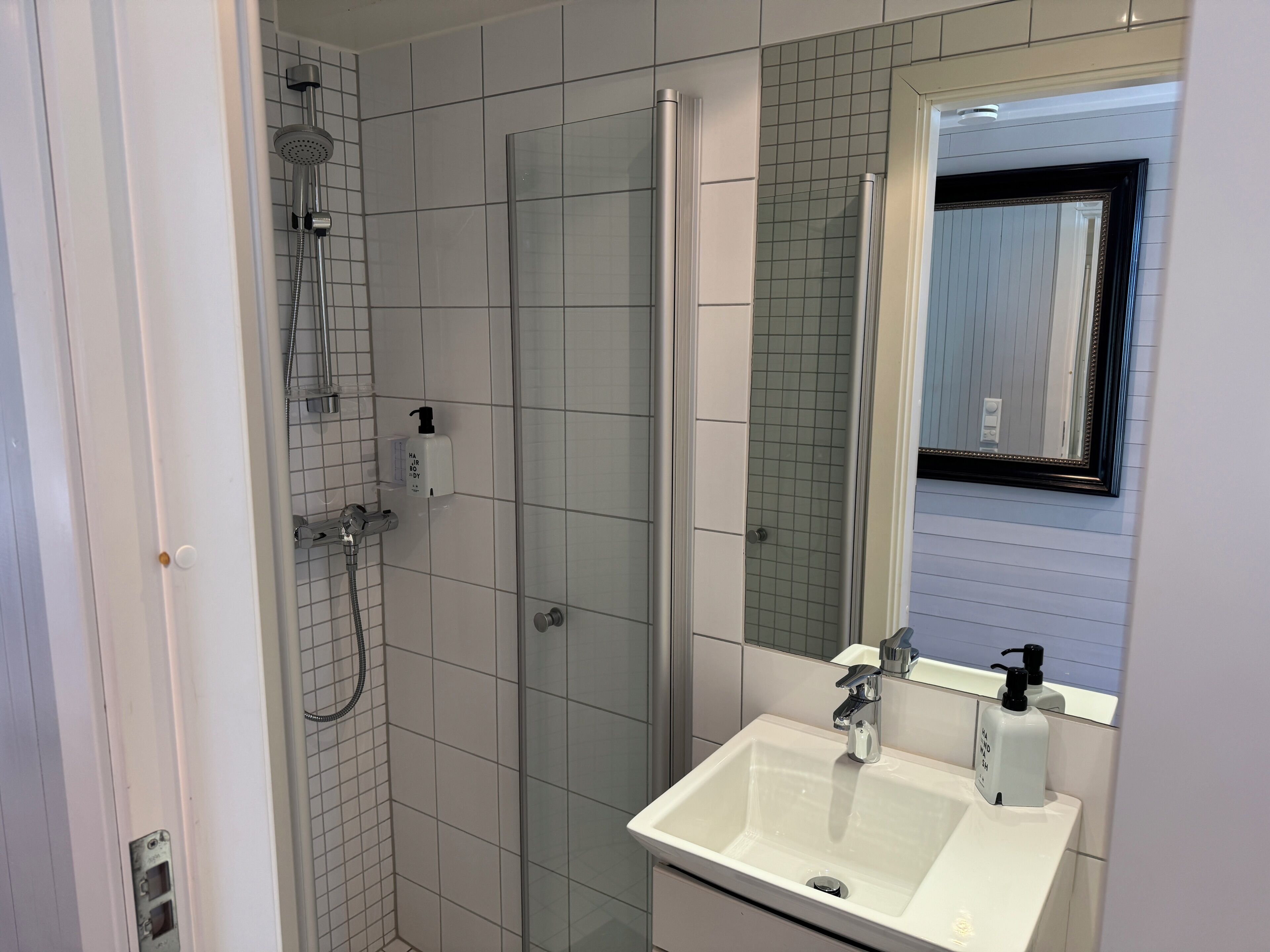 Et moderne badeværelse med en glasafskærmet brusekabine, en hvid vask med sæbedispenser og et spejl over vasken.