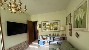 A living room with a flat-screen TV, a bookshelf, a sofa, and a chandelier. - Casa Irene by the beach with garden and A/C (Monterosso al Mare)