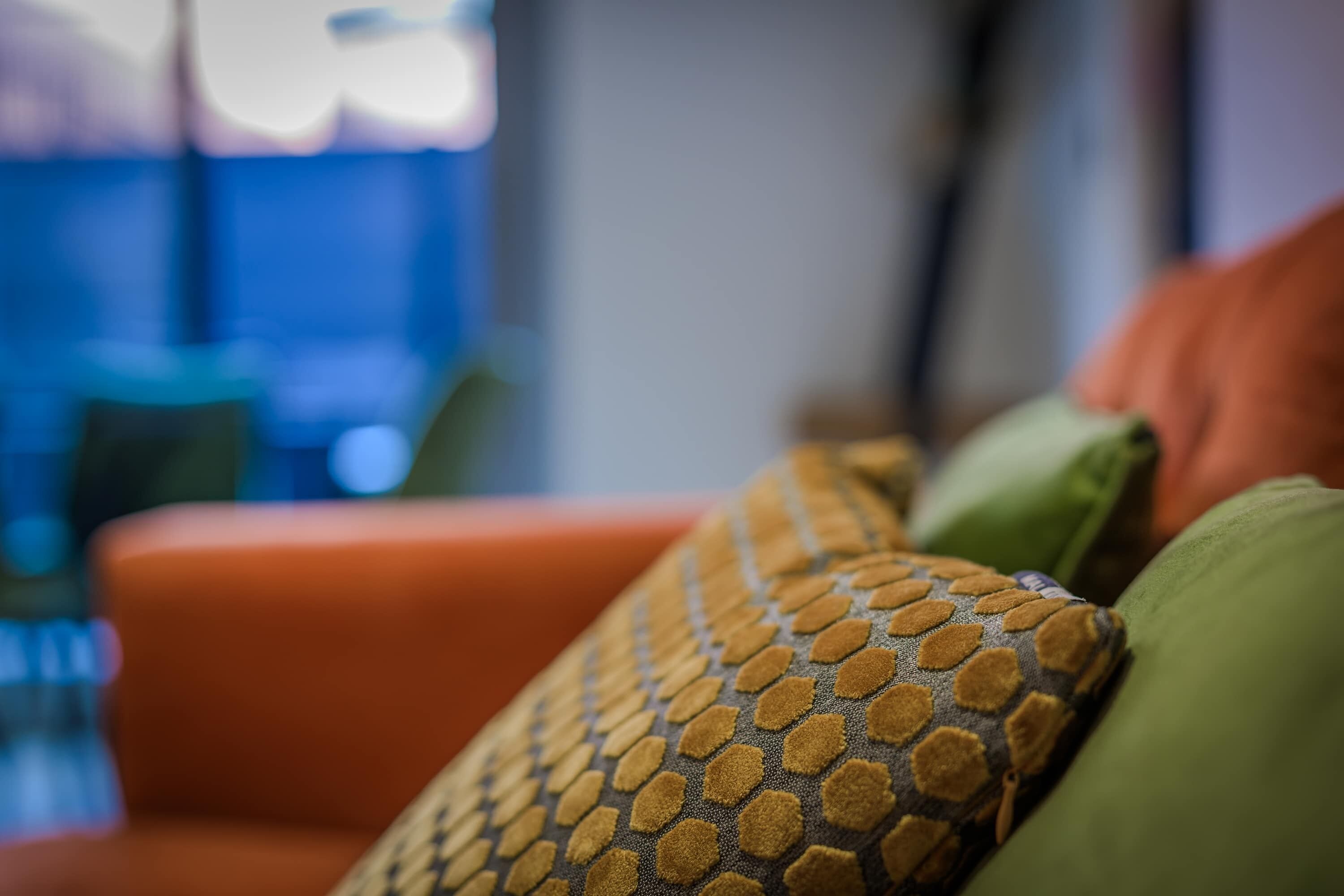 A close-up of a patterned cushion on a sofa.