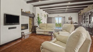 Un salon avec une cheminée, un téléviseur, un canapé et un coin repas offrant une vue agréable.