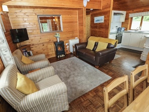 A cozy cabin interior with a fireplace, a sofa, a television, and a kitchen area.