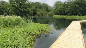 Une rivière paisible, avec une jetée en bois qui s’avance sur l’eau, entourée d’une végétation luxuriante et d’arbres.