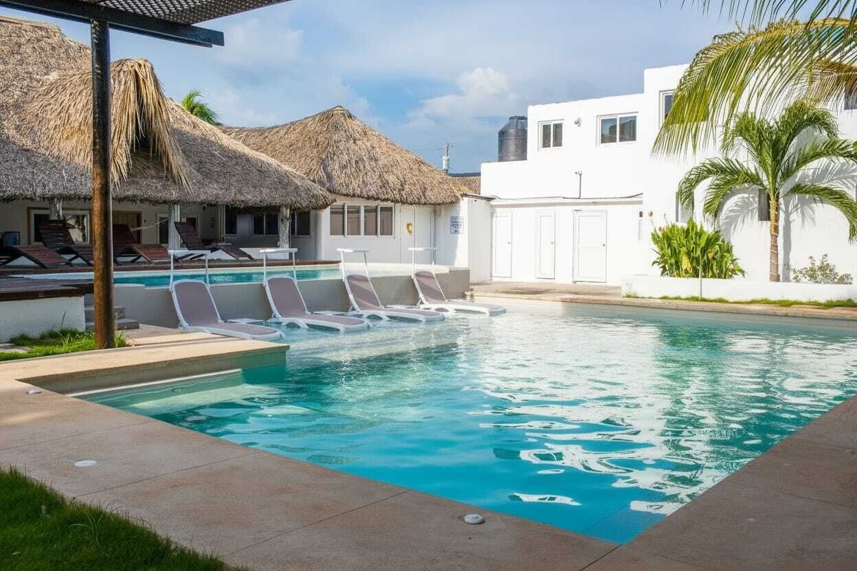 A swimming pool with lounge chairs and thatched-roof structures.