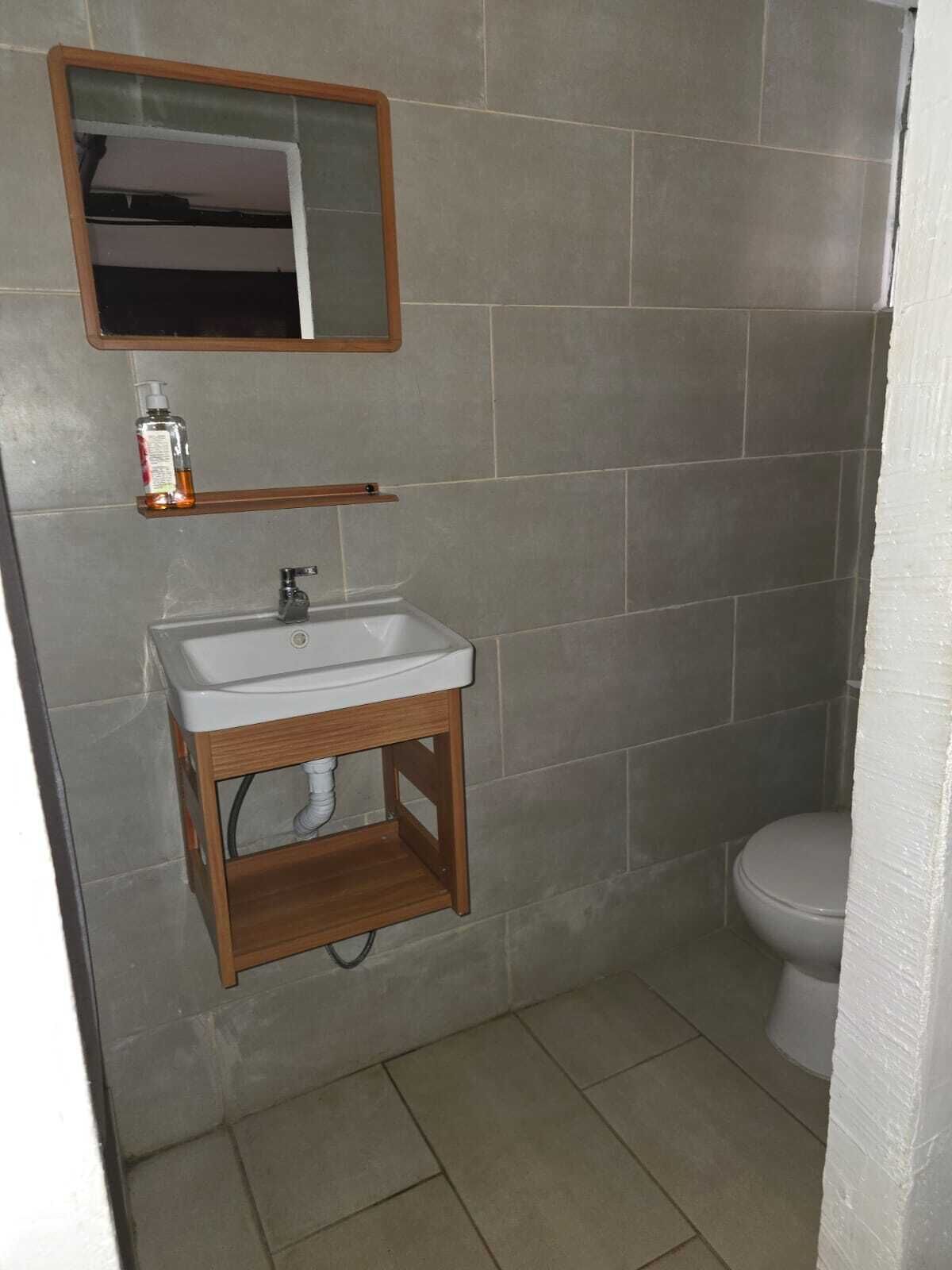 Un baño con un lavabo blanco, un espejo encima y un inodoro.