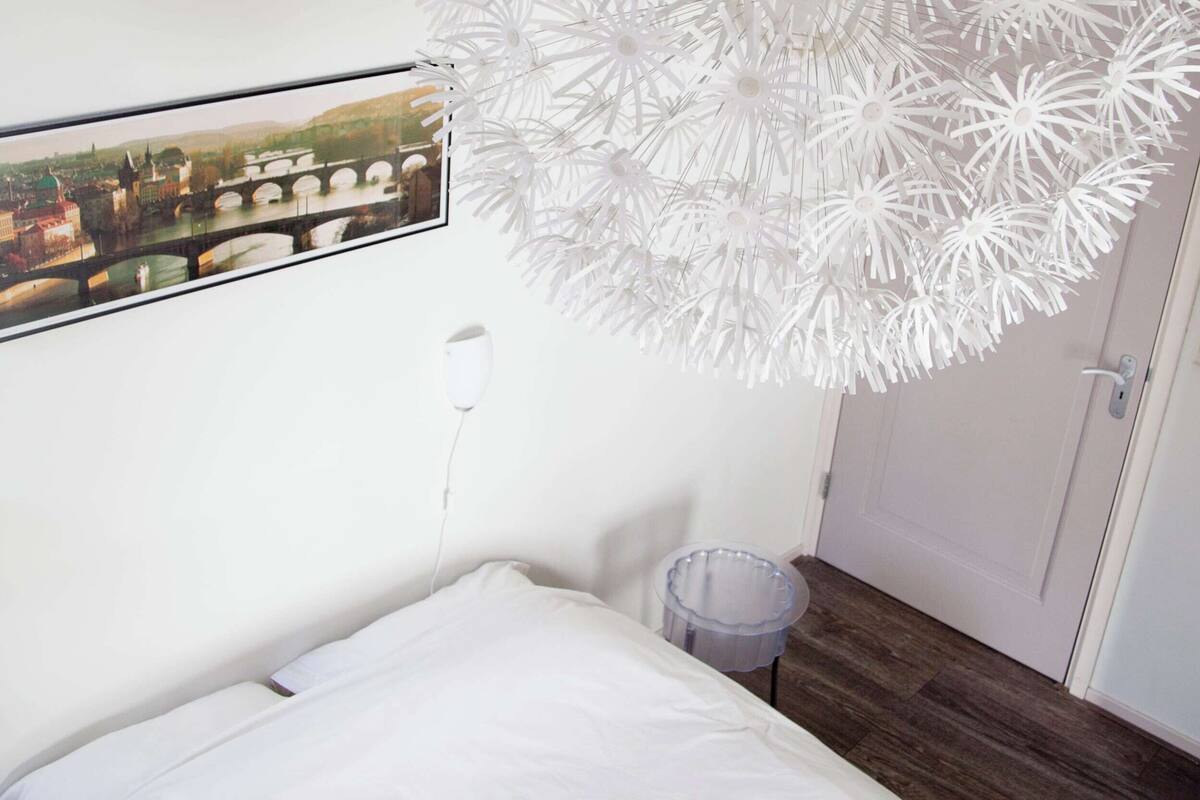 Een slaapkamer met een bed, een witte muur, een lijst met een stadsgezicht en een witte plafondlamp.
