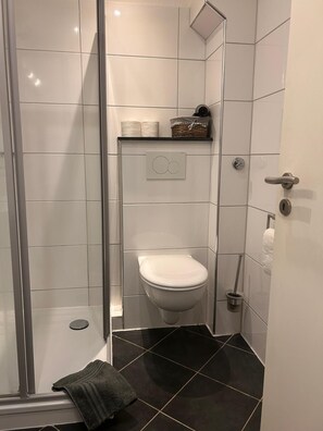Ducha, secador de pelo, toallas, jabón