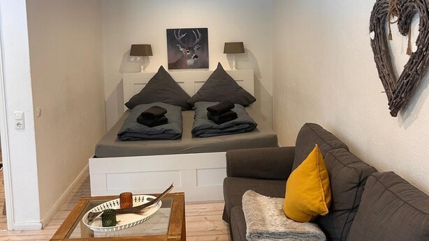 A modern living room with a sofa, a coffee table, and a bed with pillows. There is a painting on the wall and a heart-shaped decoration. - FeWo Jagsch - HarzPur - incl. bed linen and towels (Braunlage)