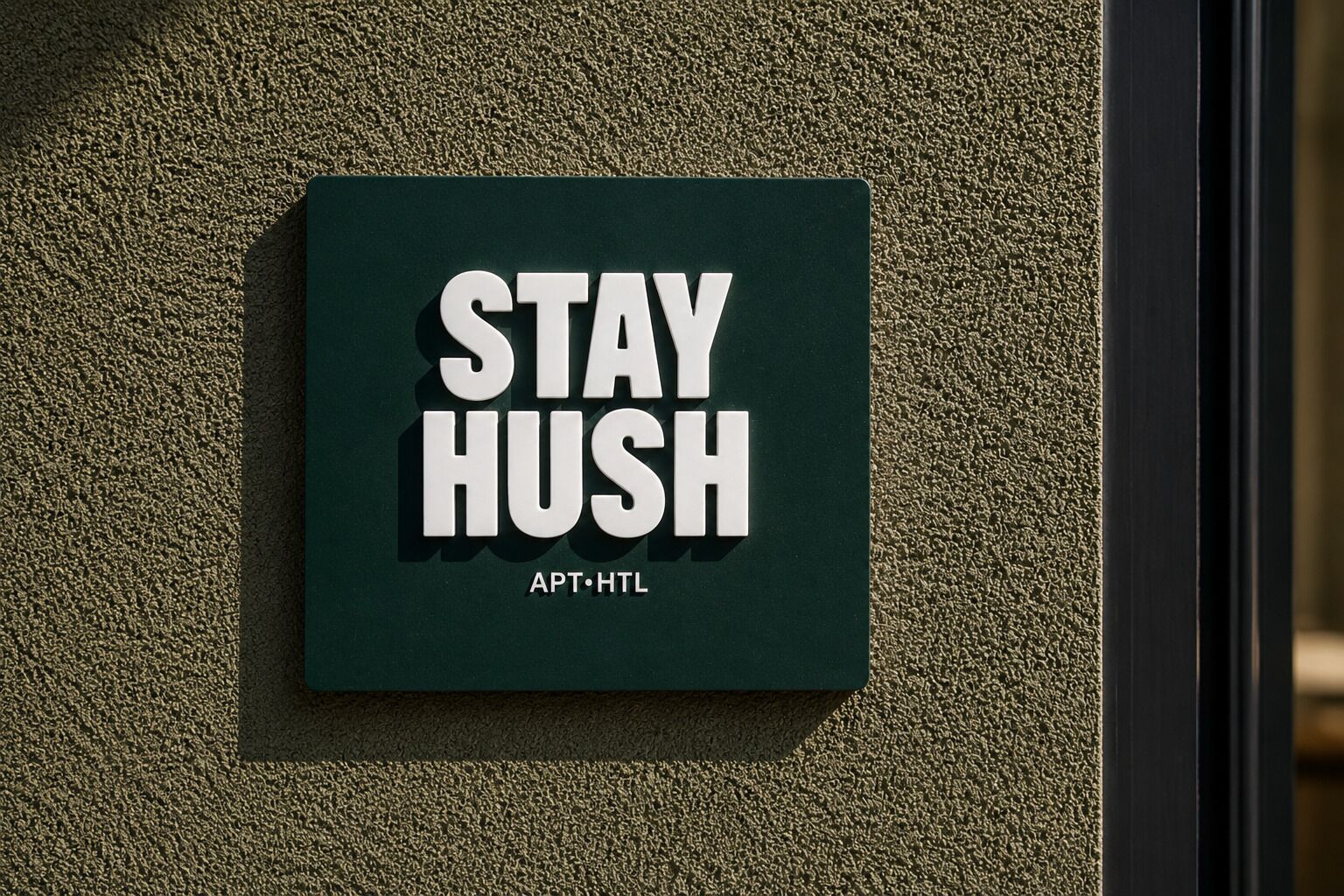 Un cartell amb el text 'STAY HUSH' i 'APT. HTL' a una paret amb textura.