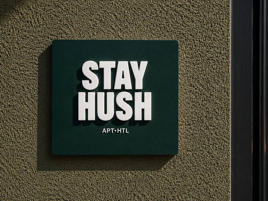 Un cartell amb el text 'STAY HUSH' i 'APT. HTL' a una paret amb textura.