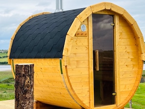 Una cabaña de madera con techo negro, una puerta y una ventana.
