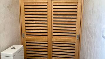 Hair dryer, towels, soap, toilet paper