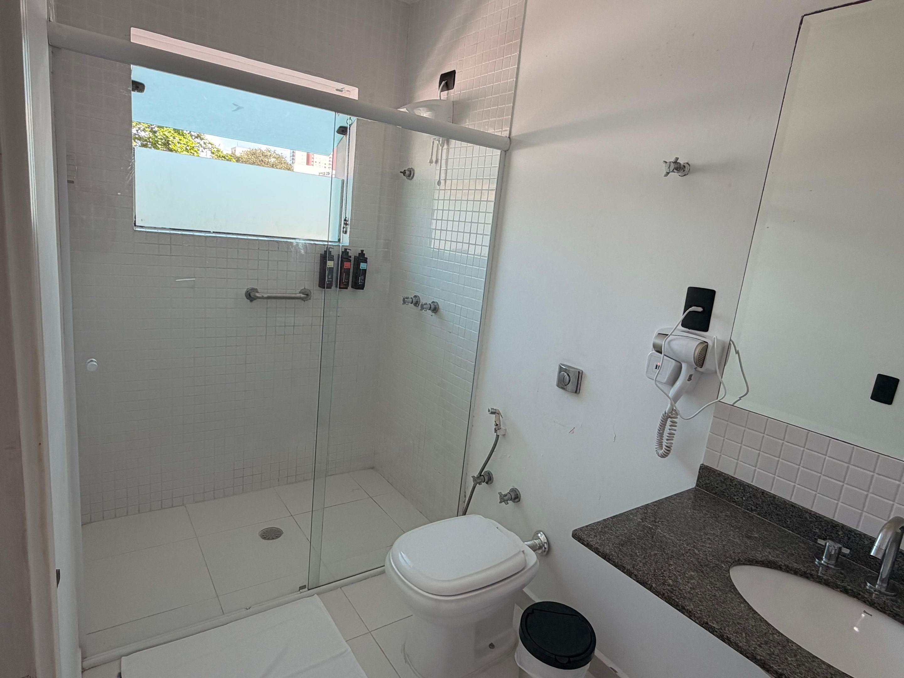 A bathroom with a glass-enclosed shower, a toilet, a sink with a granite countertop, and a mirror.
