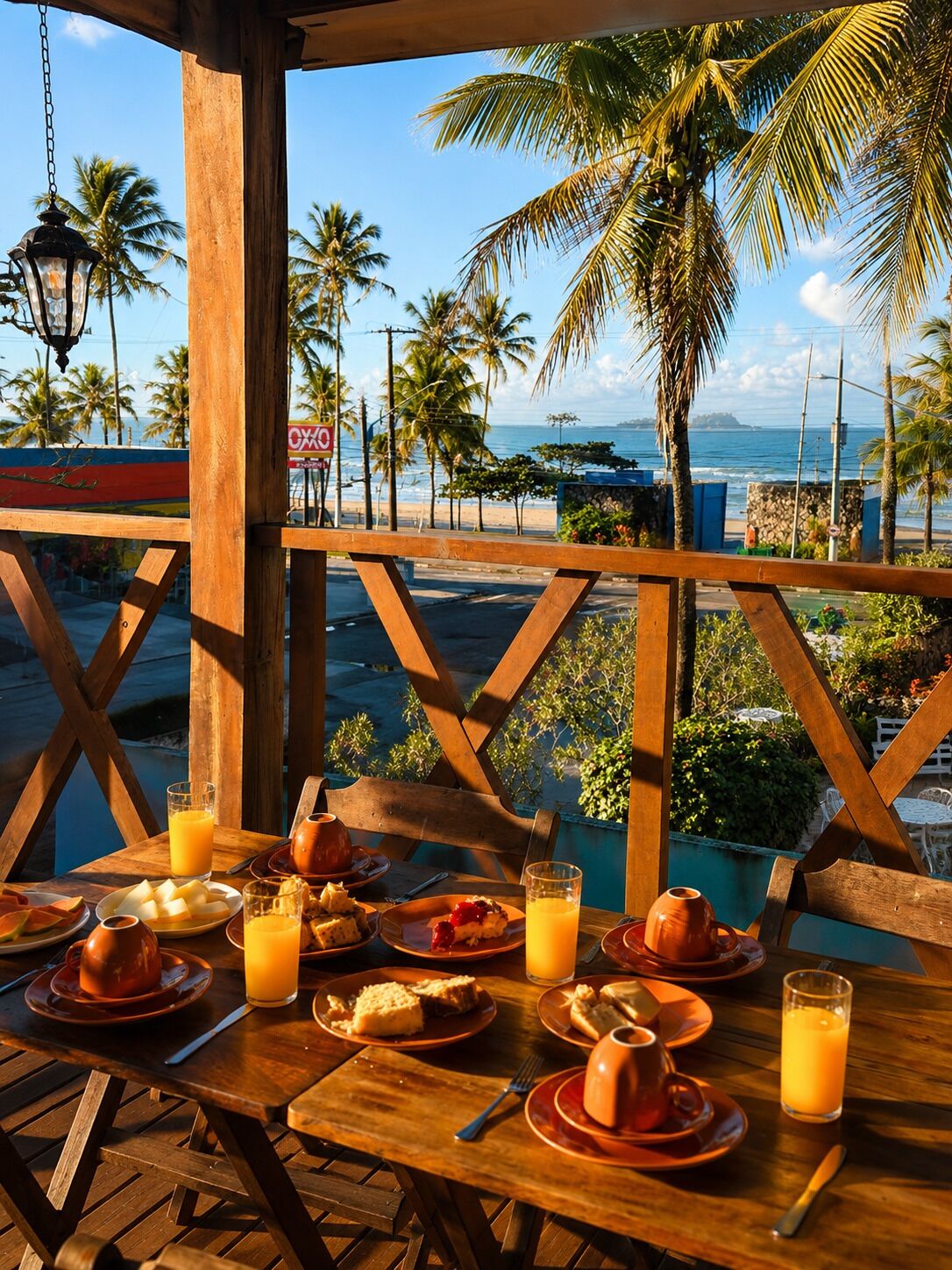 A wooden table set with breakfast items and orange juice, overlooking a beach with palm trees and the ocean.