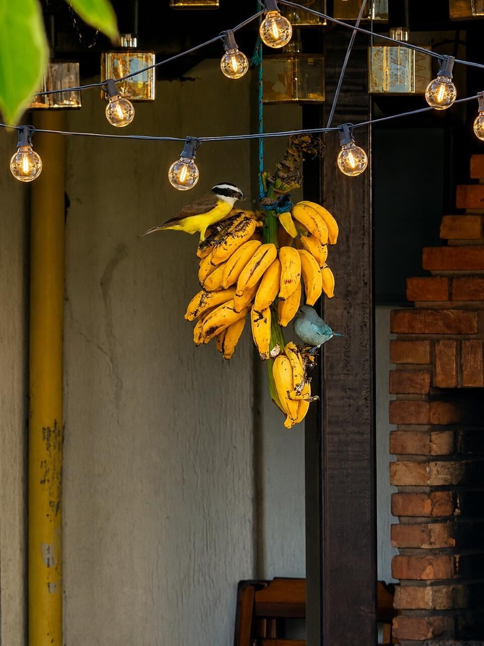 Un racimo de plátanos colgando con un pájaro posado encima, y luces de cadena al fondo.