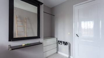 Een kamer met een grote spiegel, een witte deur, een metalen rek en een klein plankje met een plantje.