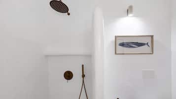 A bathroom with a shower, a framed fish illustration, and a light switch.