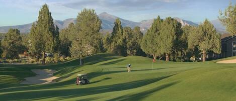 A golf course with a clubhouse, trees, and mountains in the background.