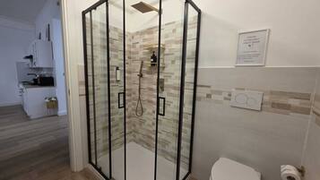A modern bathroom with a glass shower enclosure, a toilet, and a sink.