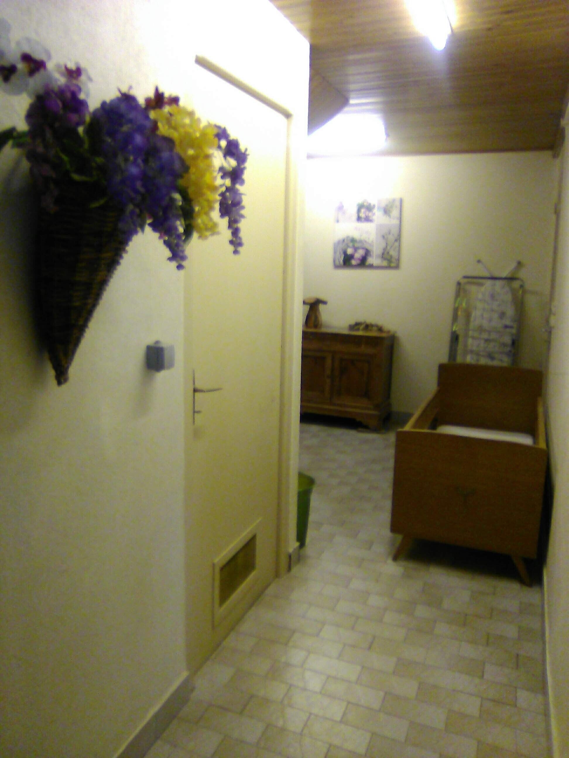 A narrow hallway with a door, a basket of flowers, a wooden cabinet, and a bed.
