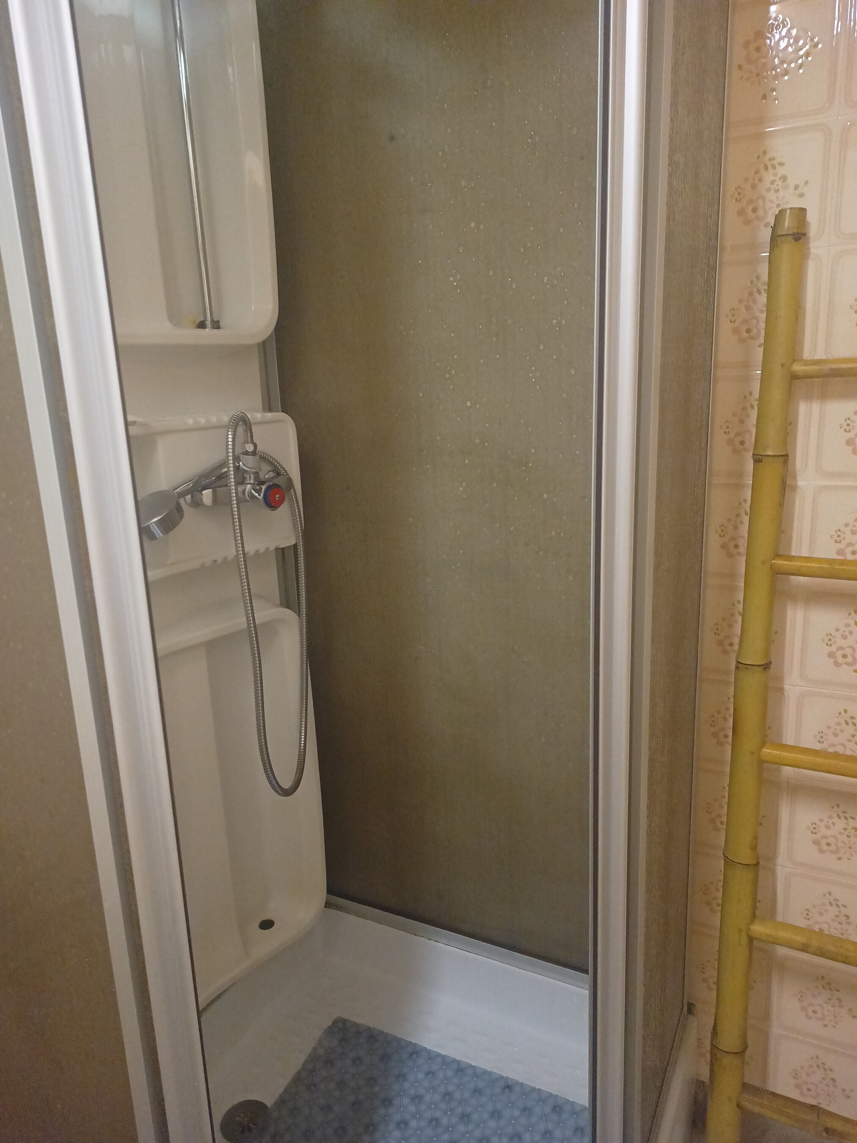 A shower with a glass door, a white sink, and a yellow ladder.
