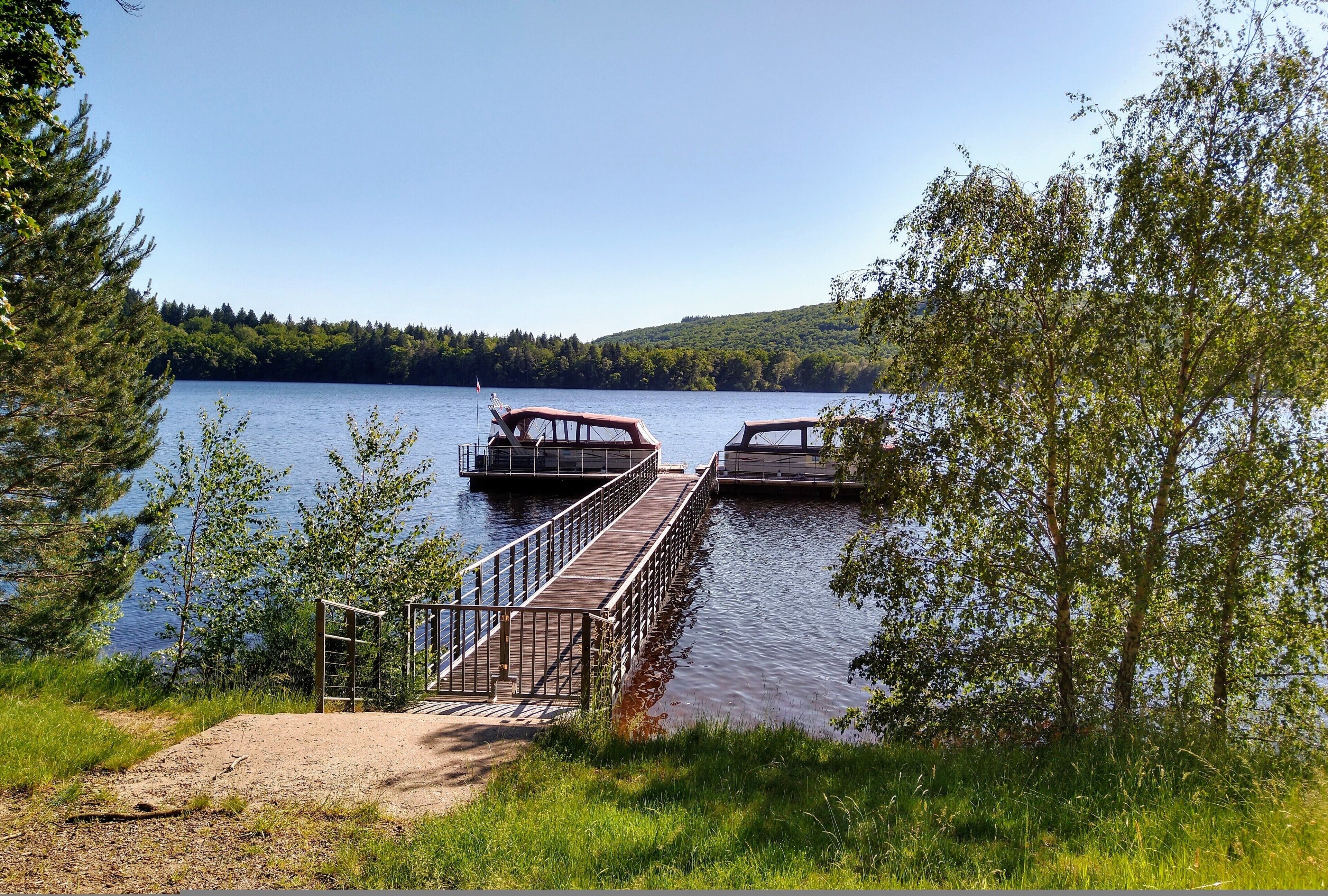 A wooden dock extending into a lake, surrounded by trees and a clear sky.