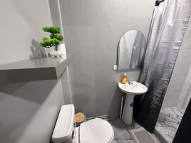 Baño con inodoro, lavabo y una pequeña planta en maceta sobre una estantería.