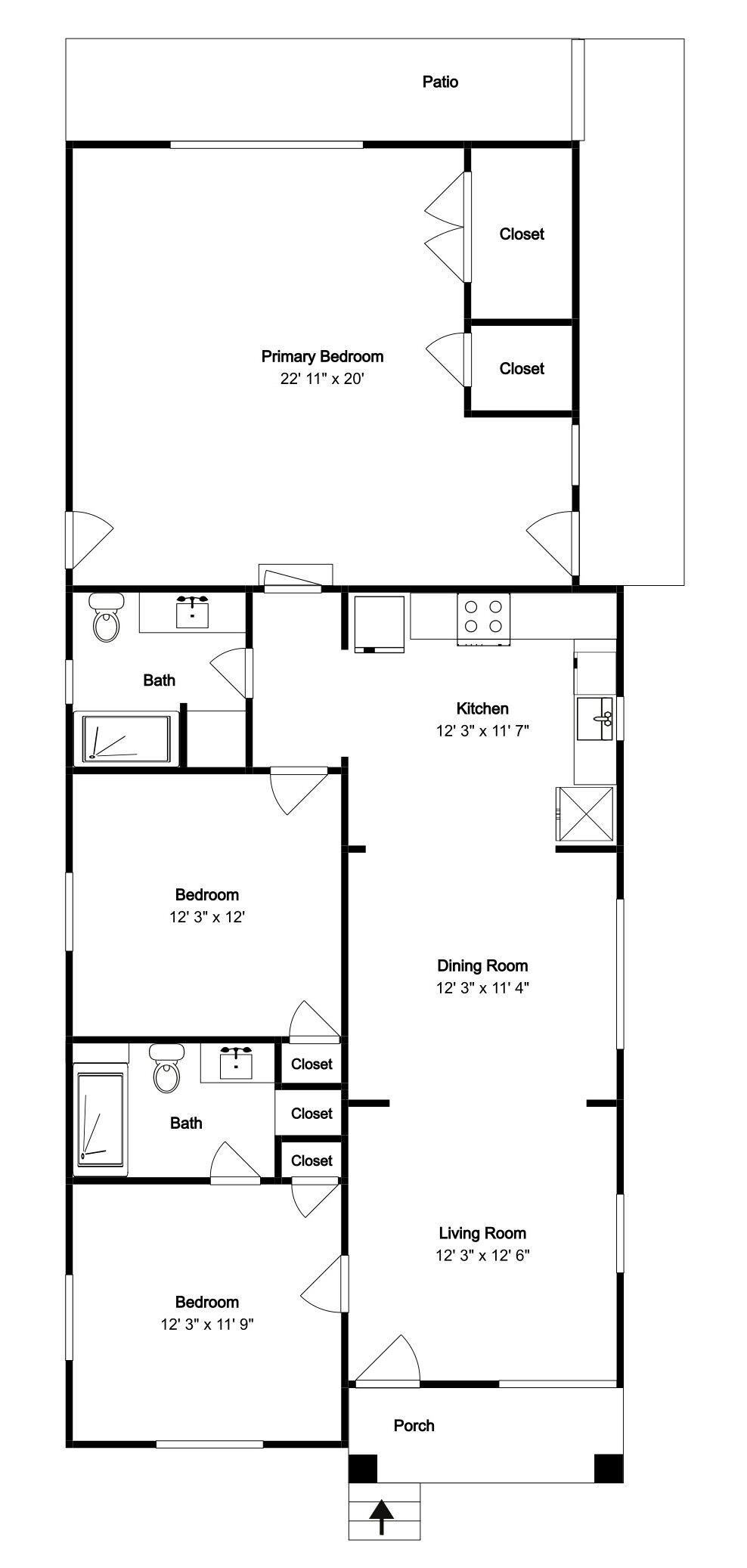 Planta baixa mostrando um pátio, quarto principal, cozinha, sala de jantar, sala de estar e vários armários.
