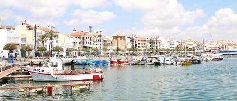 A marina with boats docked, a clear sky, and buildings in the background.