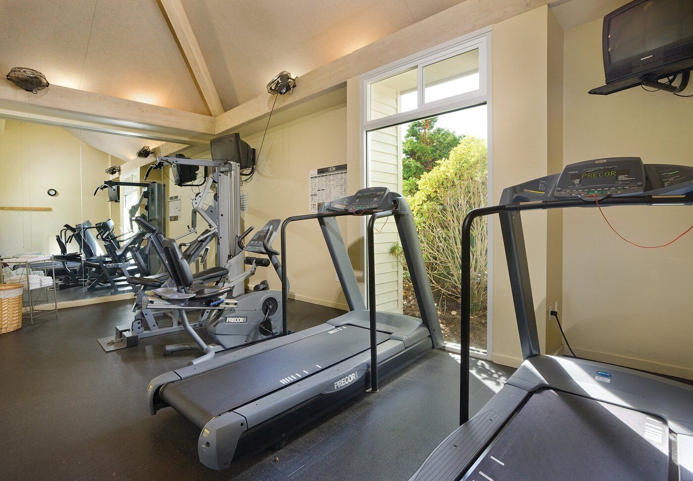 A gym with treadmills, weight machines, and a mirrored wall.