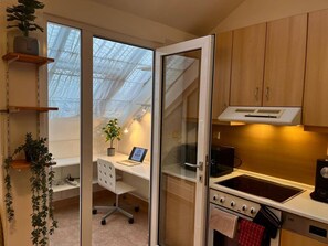 Fridge, microwave, oven, stovetop - Two-Bedroom Urban Escape (Prague 2)
