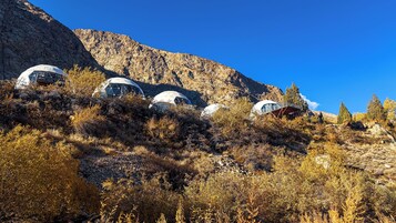 Una serie de estructuras de cúpulas geodésicas ubicadas entre terreno rocoso y vegetación escasa.