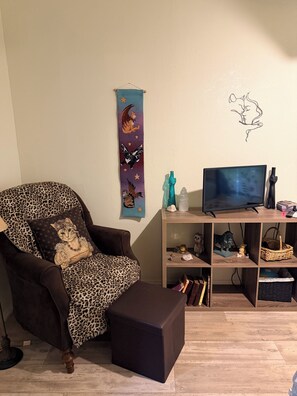 A living room with a leopard print armchair, a television on a wooden stand, and a wall with a decorative tapestry. - Nature Cabin Itchetucknee Springs Private Access 
~ Nature Lovers Only (Fort White)