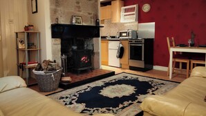 Een woonkamer met een open haard, een eethoek en een keuken met moderne apparatuur.
