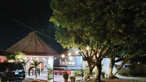 A building with a thatched roof, a signboard with text, and a parked car. - olivias village room (Capellania)