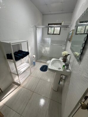 Habitación doble Confort, 1 cama matrimonial, vista al jardín | Baño | Amenidades de baño gratuitas, secadora de cabello, toallas, jabón 