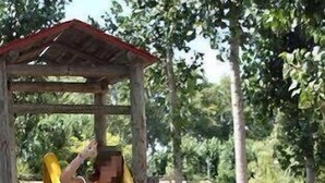Un’area giochi con uno scivolo giallo e una struttura in legno.