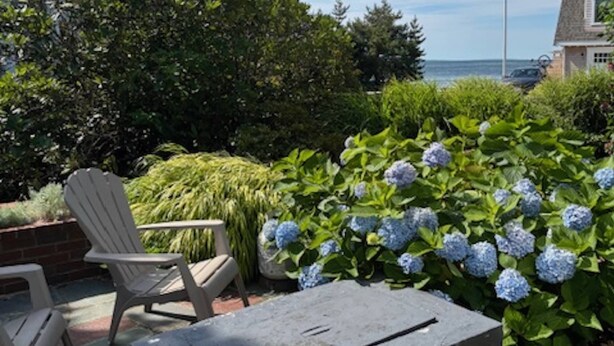 A patio area with a table and chairs, surrounded by lush greenery and hydrangea bushes. - Expansive Family Home with Water Views (Marion)