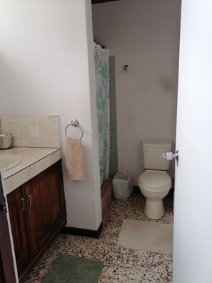 Een haardroger, handdoeken, zeep, toiletpapier